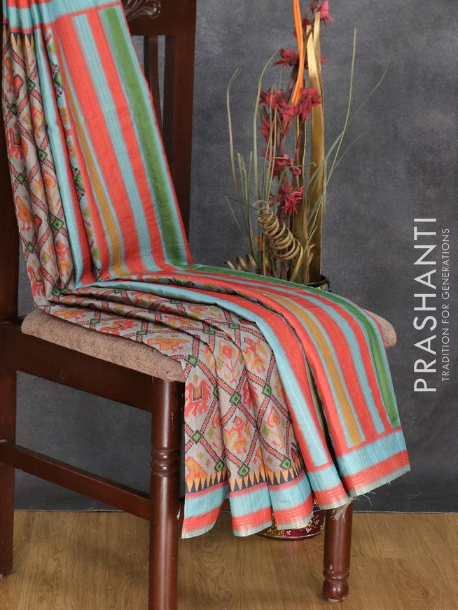 Semi matka silk saree grey and light blue with allover ikat prints and small zari woven border - {{ collection.title }} by Prashanti Sarees