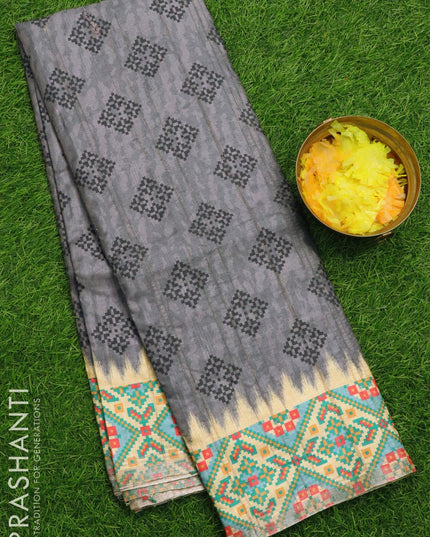 Semi matka silk saree grey and sandal with allover geometric prints and printed zari woven border - {{ collection.title }} by Prashanti Sarees