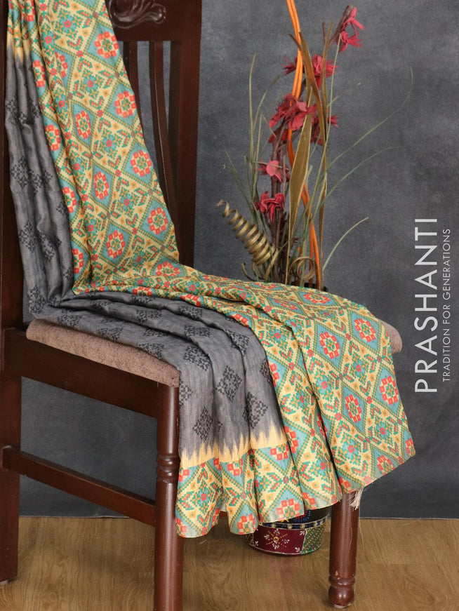 Semi matka silk saree grey and sandal with allover geometric prints and printed zari woven border - {{ collection.title }} by Prashanti Sarees