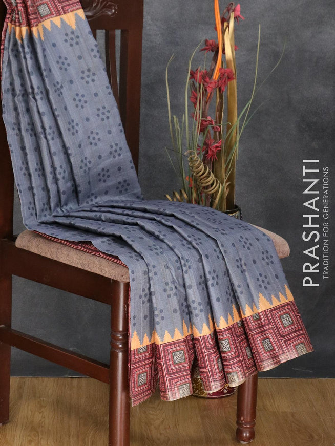 Semi matka silk saree grey and sandal with allover prints and printed zari woven border - {{ collection.title }} by Prashanti Sarees