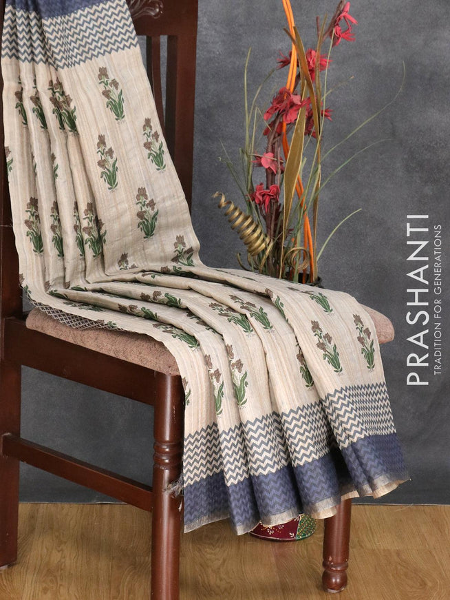 Semi matka silk saree grey shade and blue shade with allover floral butta prints and printed zari woven border - {{ collection.title }} by Prashanti Sarees