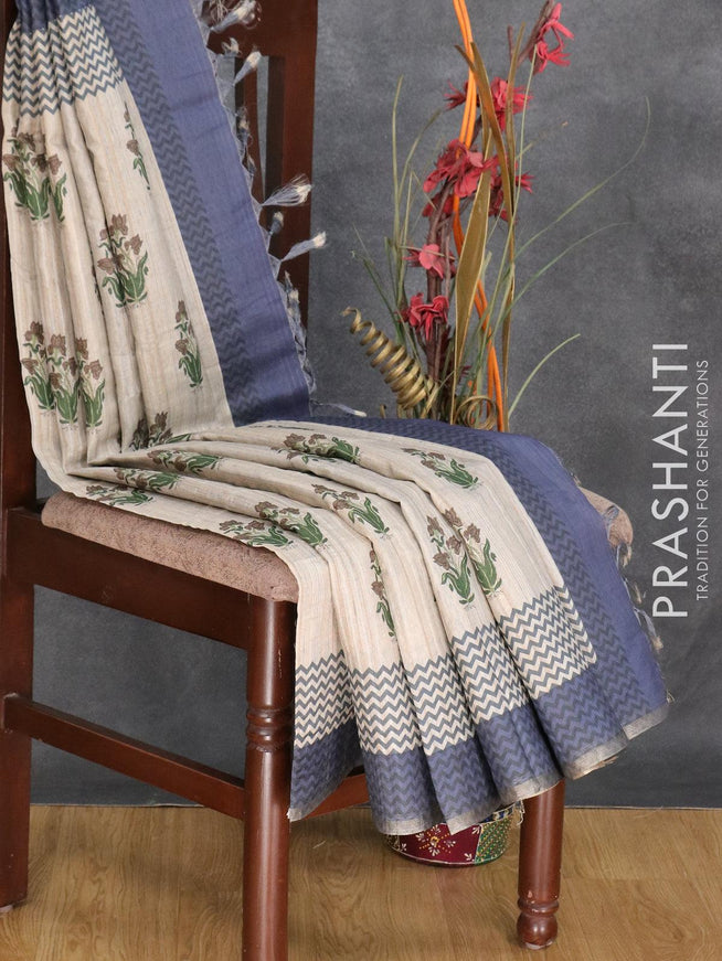 Semi matka silk saree grey shade and blue shade with allover floral butta prints and printed zari woven border - {{ collection.title }} by Prashanti Sarees