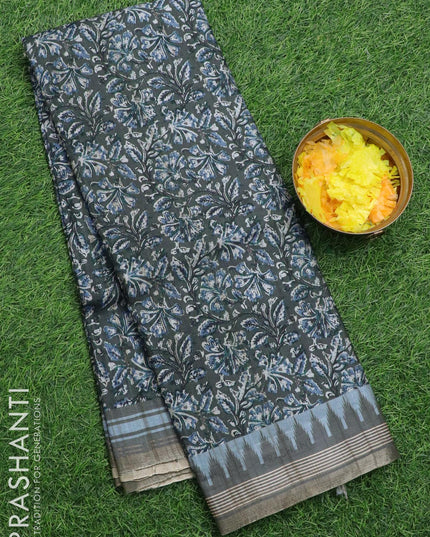 Semi matka silk saree grey with allover floral prints and temple design small zari woven border - {{ collection.title }} by Prashanti Sarees