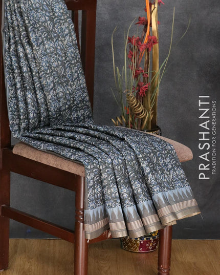 Semi matka silk saree grey with allover floral prints and temple design small zari woven border - {{ collection.title }} by Prashanti Sarees