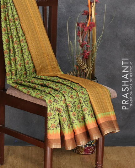 Semi matka silk saree light green and brown with allover floral prints and small zari woven border - {{ collection.title }} by Prashanti Sarees