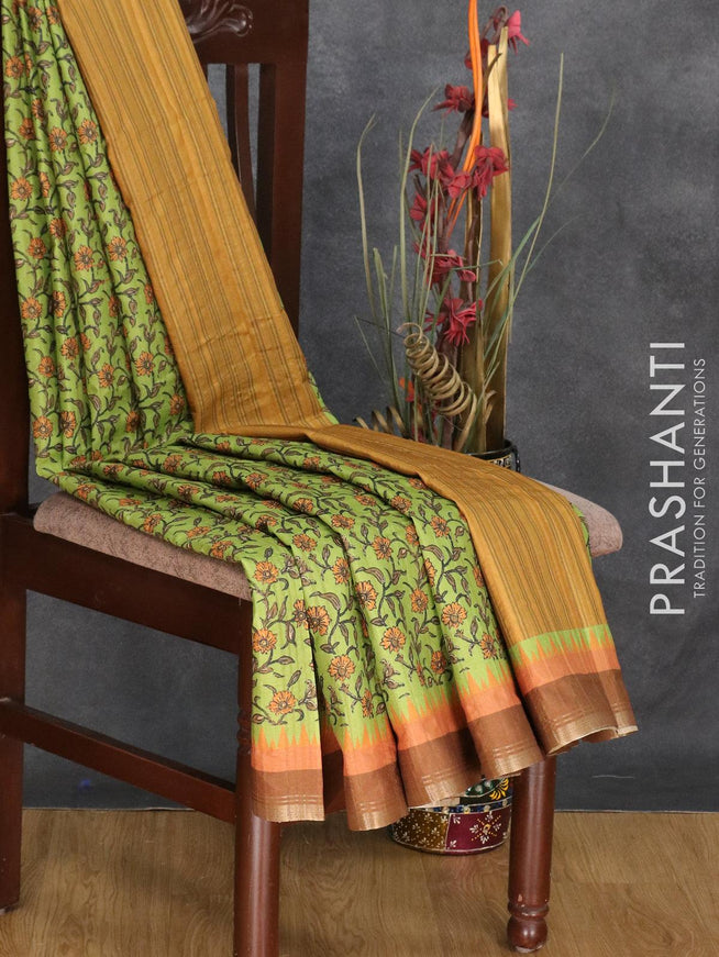 Semi matka silk saree light green and brown with allover floral prints and small zari woven border - {{ collection.title }} by Prashanti Sarees