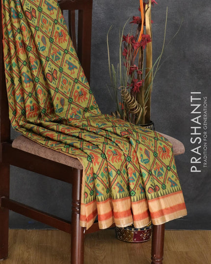 Semi matka silk saree light green and sandal with allover ikat prints and small zari woven border - {{ collection.title }} by Prashanti Sarees