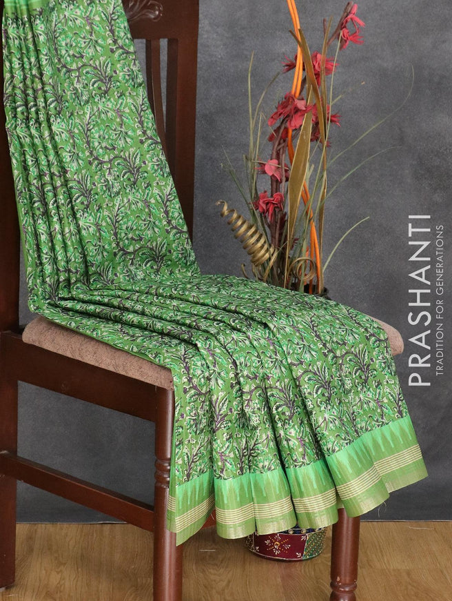 Semi matka silk saree light green with allover floral prints and temple design small zari woven border - {{ collection.title }} by Prashanti Sarees