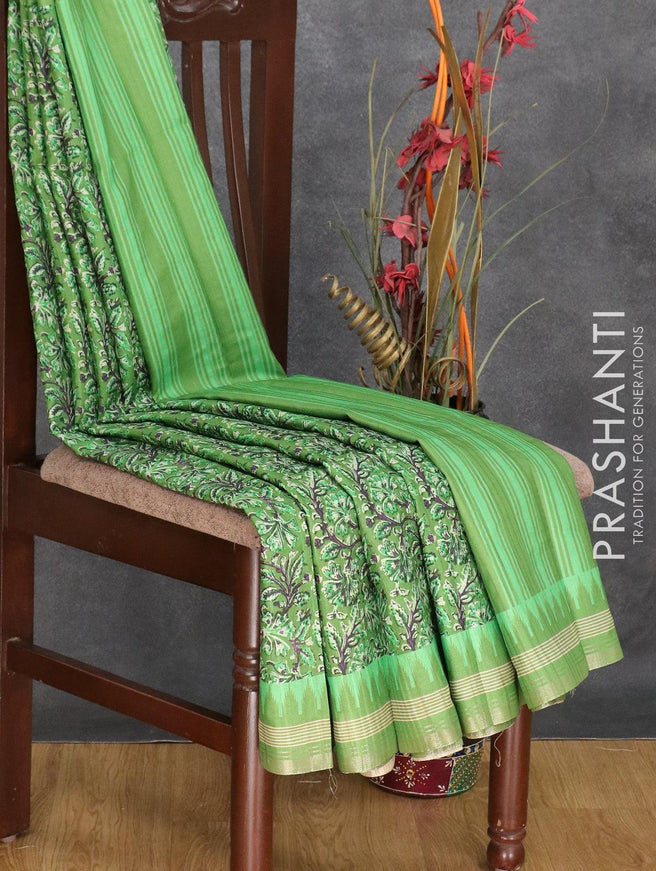 Semi matka silk saree light green with allover floral prints and temple design small zari woven border - {{ collection.title }} by Prashanti Sarees