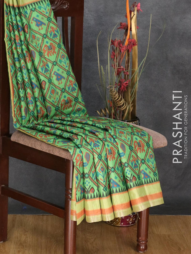 Semi matka silk saree light green with allover ikat prints and small zari woven border - {{ collection.title }} by Prashanti Sarees