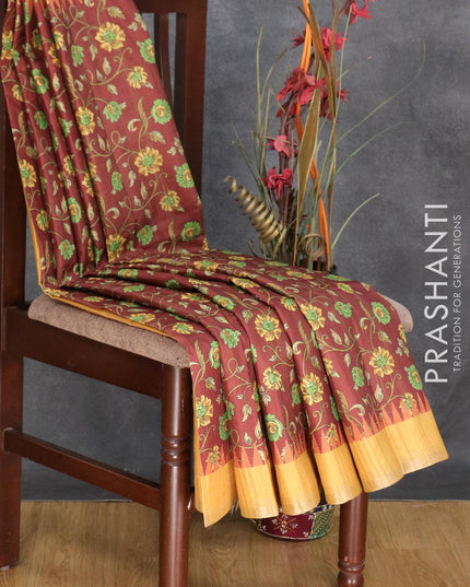 Semi matka silk saree maroon and sandal with allover floral prints and temple design small zari woven border - {{ collection.title }} by Prashanti Sarees