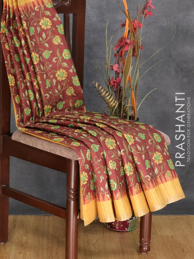 Semi matka silk saree maroon and sandal with allover floral prints and temple design small zari woven border - {{ collection.title }} by Prashanti Sarees