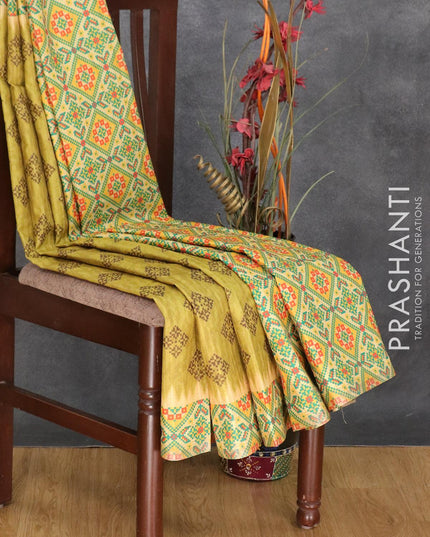 Semi matka silk saree mehendi green and sandal with allover geometric prints and printed zari woven border - {{ collection.title }} by Prashanti Sarees