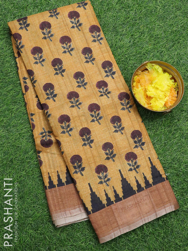 Semi matka silk saree mustard yellow and rust shade with allover floral butta prints and temple design small zari woven border - {{ collection.title }} by Prashanti Sarees