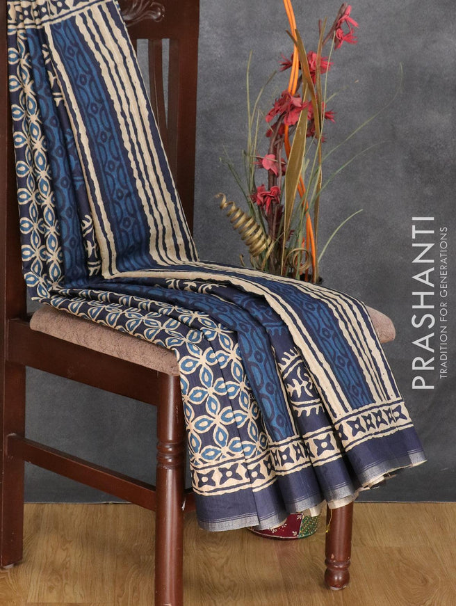 Semi matka silk saree navy blue and beige with allover geometric prints and small zari woven border - {{ collection.title }} by Prashanti Sarees
