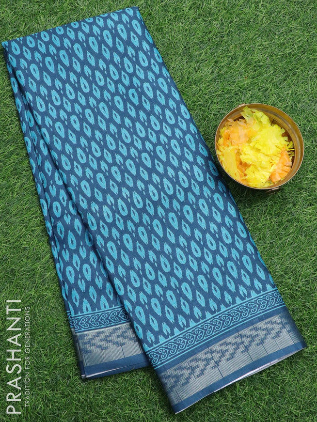 Semi matka silk saree navy blue with allover prints and zari woven border - {{ collection.title }} by Prashanti Sarees