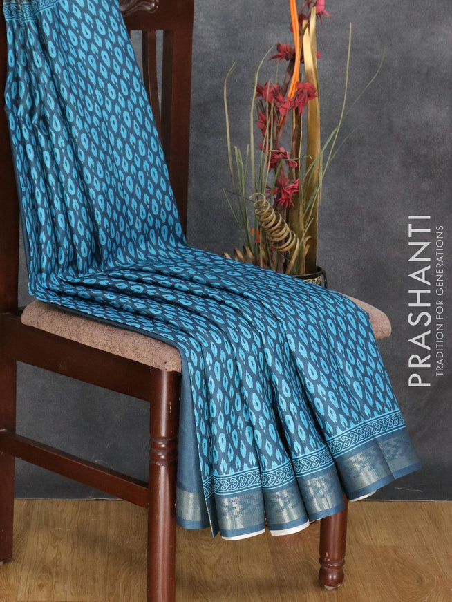 Semi matka silk saree navy blue with allover prints and zari woven border - {{ collection.title }} by Prashanti Sarees