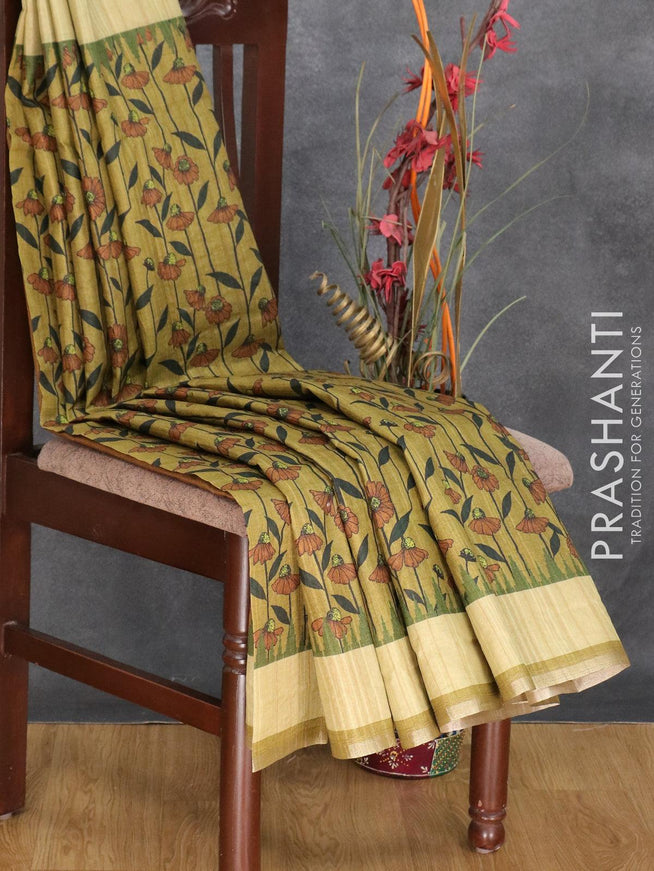 Semi matka silk saree olive green with allover floral prints and small zari woven border - {{ collection.title }} by Prashanti Sarees