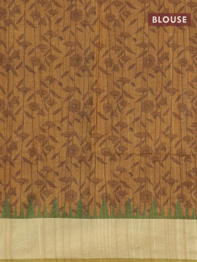 Semi matka silk saree olive green with allover floral prints and small zari woven border - {{ collection.title }} by Prashanti Sarees