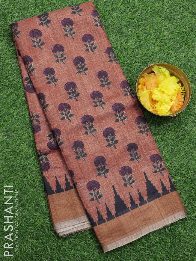 Semi matka silk saree pastel brown and rust shade with allover floral butta prints and temple design small zari woven border - {{ collection.title }} by Prashanti Sarees
