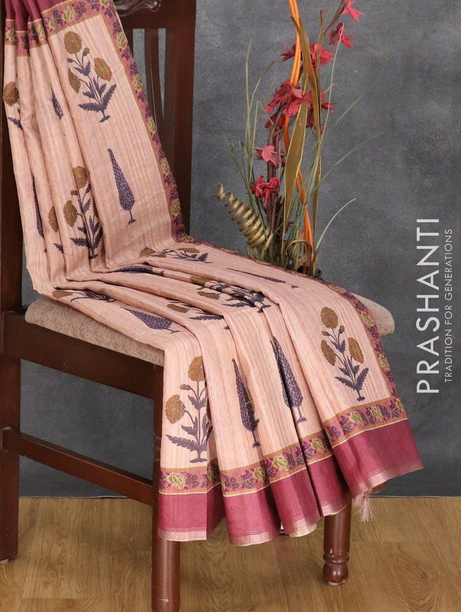 Semi matka silk saree pastel pink and magenta pink with allover floral butta prints and small zari woven border - {{ collection.title }} by Prashanti Sarees
