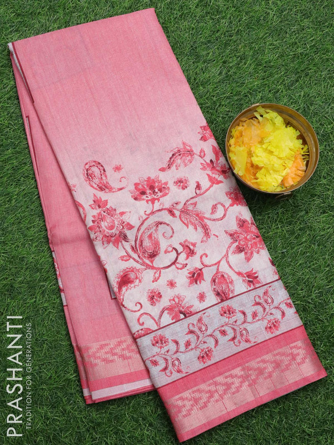 Semi matka silk saree peach pink and grey shade with allover prints and zari woven border - {{ collection.title }} by Prashanti Sarees