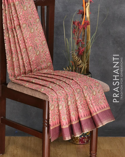 Semi matka silk saree peach pink and pastel maroon with allover floral prints and temple design small zari woven border - {{ collection.title }} by Prashanti Sarees
