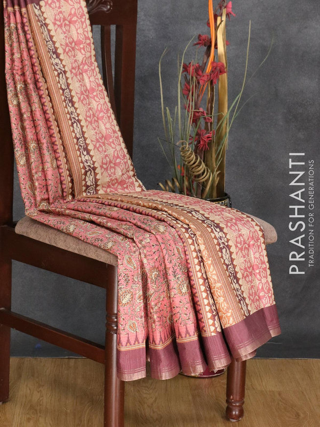 Semi matka silk saree peach pink and pastel maroon with allover floral prints and temple design small zari woven border - {{ collection.title }} by Prashanti Sarees