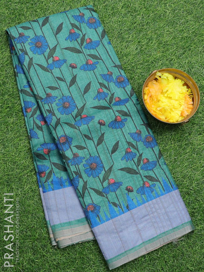 Semi matka silk saree peacock blue with allover floral prints and small zari woven border - {{ collection.title }} by Prashanti Sarees