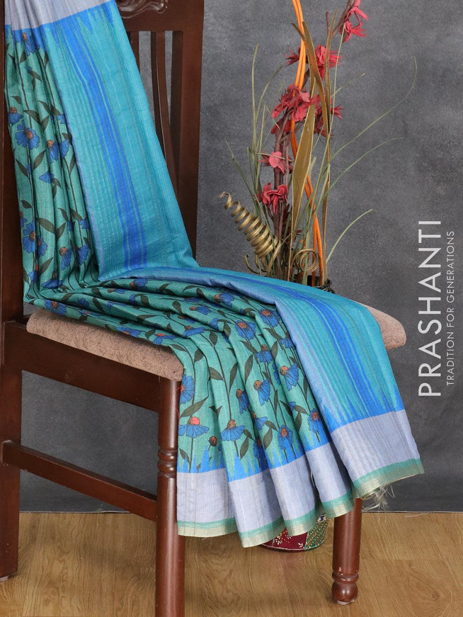 Semi matka silk saree peacock blue with allover floral prints and small zari woven border - {{ collection.title }} by Prashanti Sarees