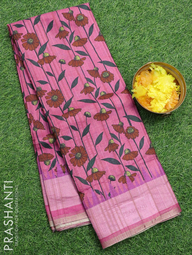 Semi matka silk saree pink with allover floral prints and small zari woven border - {{ collection.title }} by Prashanti Sarees