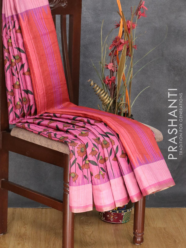 Semi matka silk saree pink with allover floral prints and small zari woven border - {{ collection.title }} by Prashanti Sarees