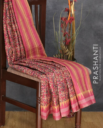 Semi matka silk saree pink with allover floral prints and temple design small zari woven border - {{ collection.title }} by Prashanti Sarees