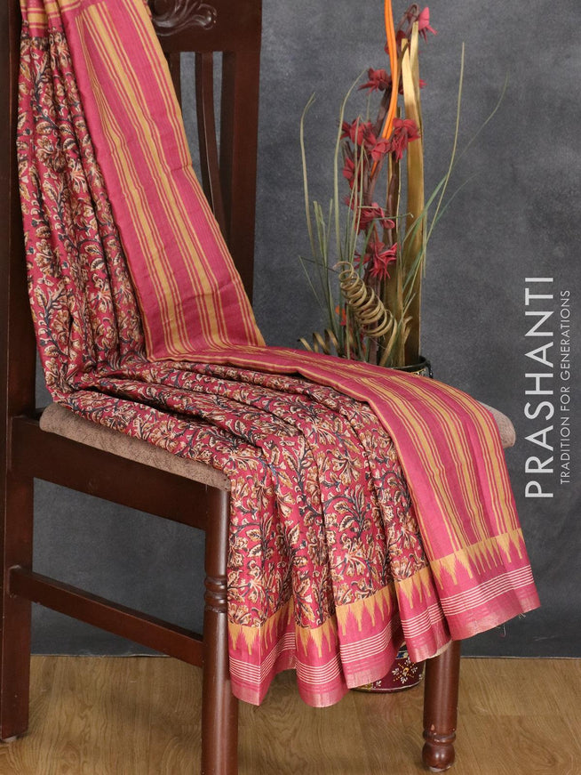 Semi matka silk saree pink with allover floral prints and temple design small zari woven border - {{ collection.title }} by Prashanti Sarees
