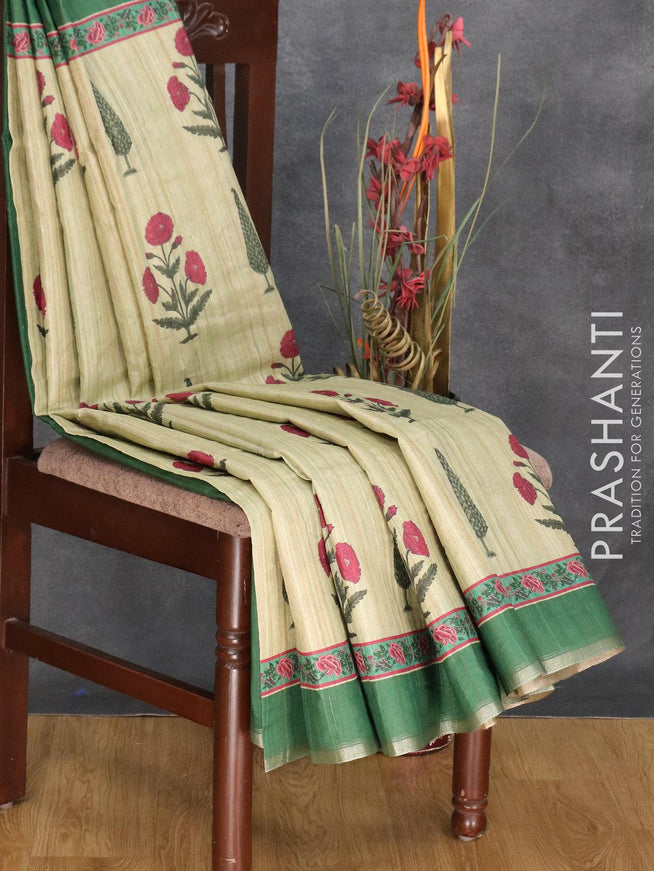 Semi matka silk saree pista green and green with allover floral butta prints and small zari woven border - {{ collection.title }} by Prashanti Sarees