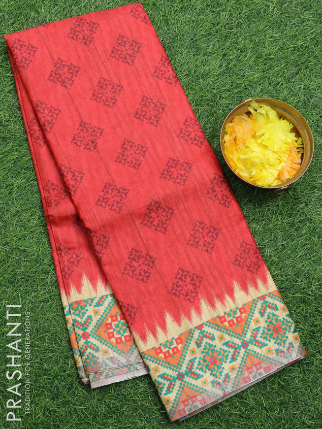 Semi matka silk saree red and sandal with allover geometric prints and printed zari woven border - {{ collection.title }} by Prashanti Sarees