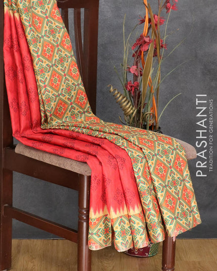 Semi matka silk saree red and sandal with allover geometric prints and printed zari woven border - {{ collection.title }} by Prashanti Sarees