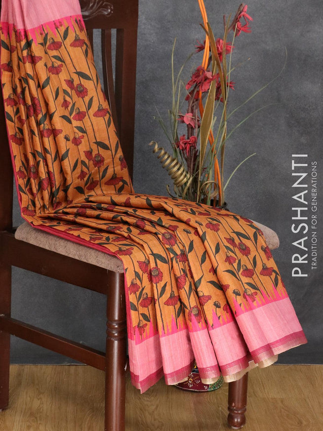 Semi matka silk saree rust shade with allover floral prints and small zari woven border - {{ collection.title }} by Prashanti Sarees