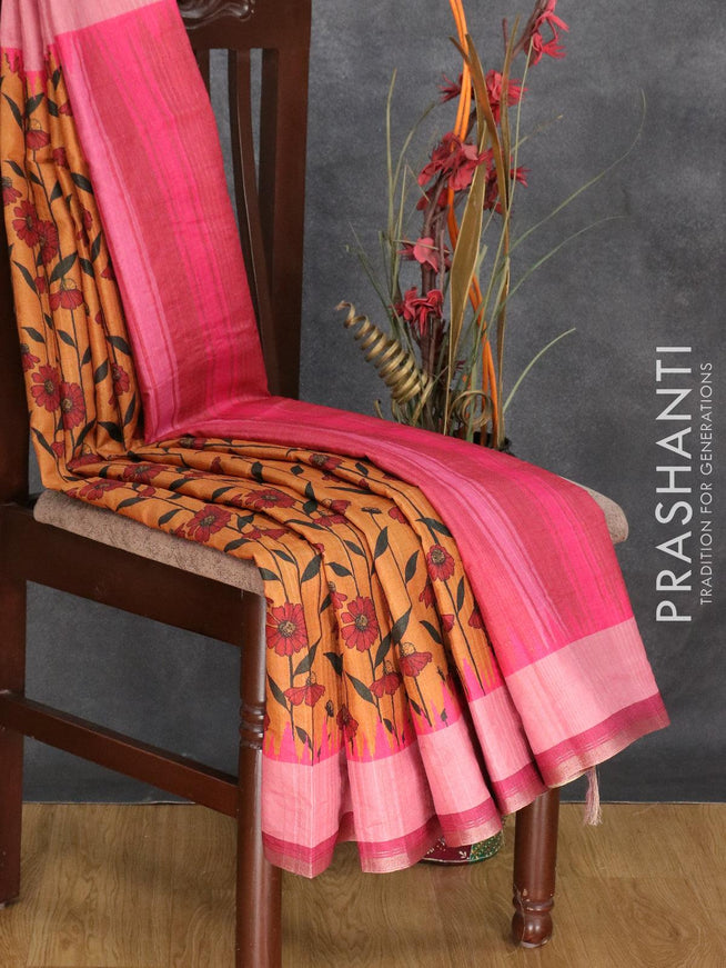 Semi matka silk saree rust shade with allover floral prints and small zari woven border - {{ collection.title }} by Prashanti Sarees