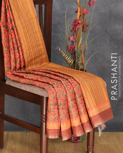 Semi matka silk saree rustic orange and brown with allover floral prints and small zari woven border - {{ collection.title }} by Prashanti Sarees