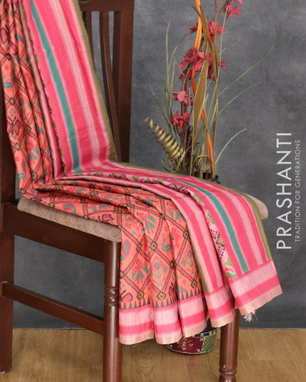 Semi matka silk saree rustic orange and light pink with allover ikat prints and small zari woven border - {{ collection.title }} by Prashanti Sarees