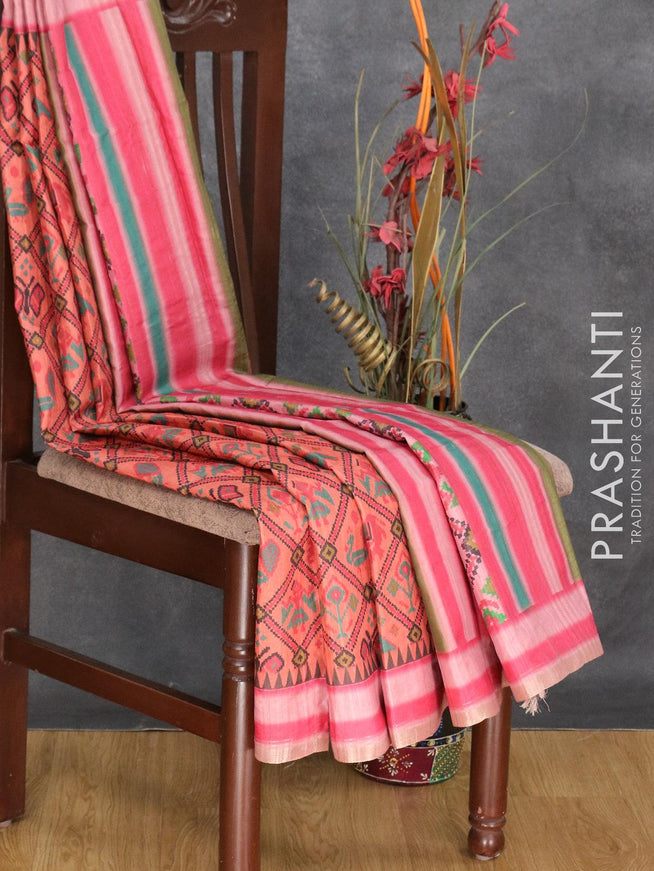 Semi matka silk saree rustic orange and light pink with allover ikat prints and small zari woven border - {{ collection.title }} by Prashanti Sarees