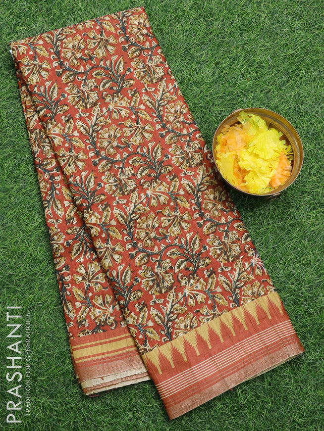 Semi matka silk saree rustic orange with allover floral prints and temple design small zari woven border - {{ collection.title }} by Prashanti Sarees