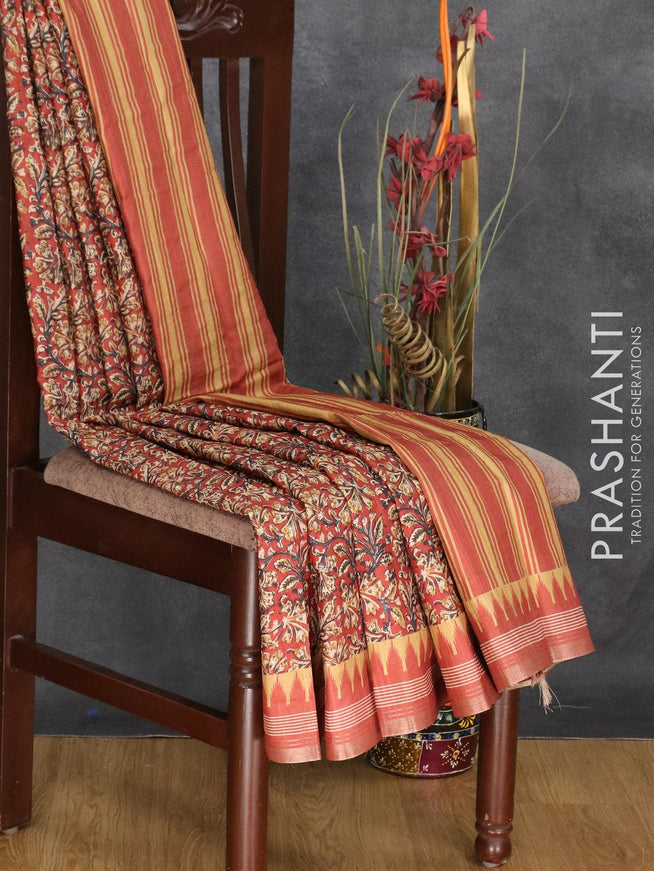Semi matka silk saree rustic orange with allover floral prints and temple design small zari woven border - {{ collection.title }} by Prashanti Sarees