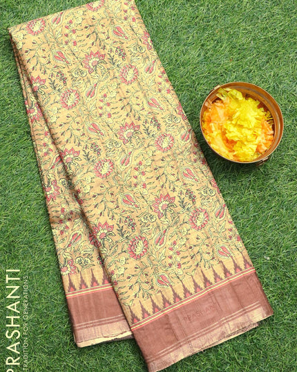 Semi matka silk saree sandal and brown with allover floral prints and temple design small zari woven border - {{ collection.title }} by Prashanti Sarees