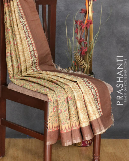 Semi matka silk saree sandal and brown with allover floral prints and temple design small zari woven border - {{ collection.title }} by Prashanti Sarees