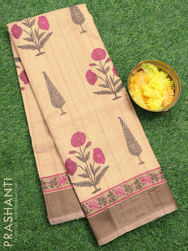 Semi matka silk saree sandal and sap green with allover floral butta prints and small zari woven border - {{ collection.title }} by Prashanti Sarees