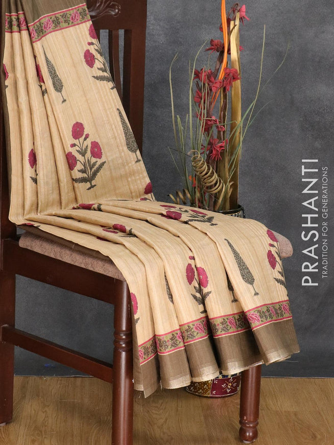 Semi matka silk saree sandal and sap green with allover floral butta prints and small zari woven border - {{ collection.title }} by Prashanti Sarees