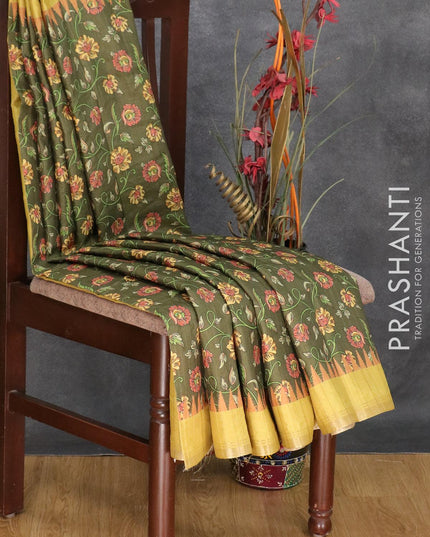 Semi matka silk saree sap green and light green with allover floral prints and temple design small zari woven border - {{ collection.title }} by Prashanti Sarees
