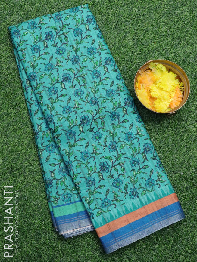 Semi matka silk saree teal blue and blue with allover floral prints and small zari woven border - {{ collection.title }} by Prashanti Sarees